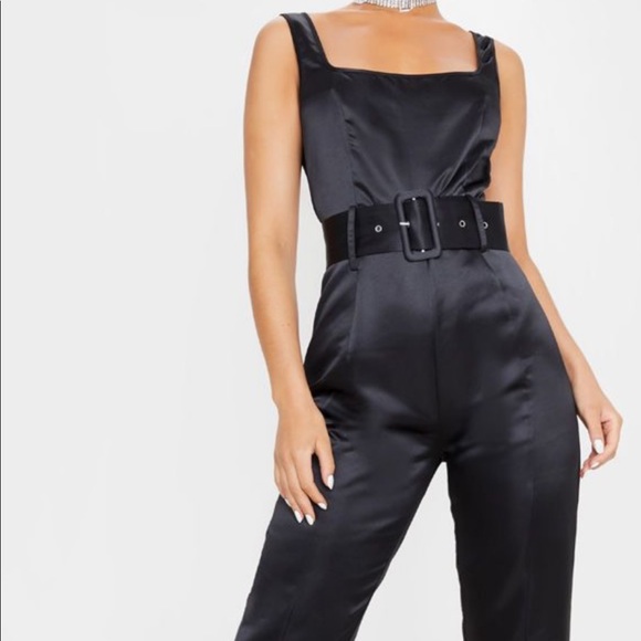 PrettyLittleThing Pants - Black Satin Belted Jumpsuit